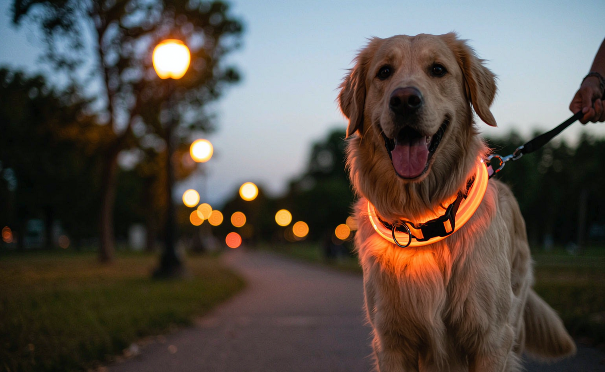 Golden retriever wearing a glowing orange LED light-up collar at dusk