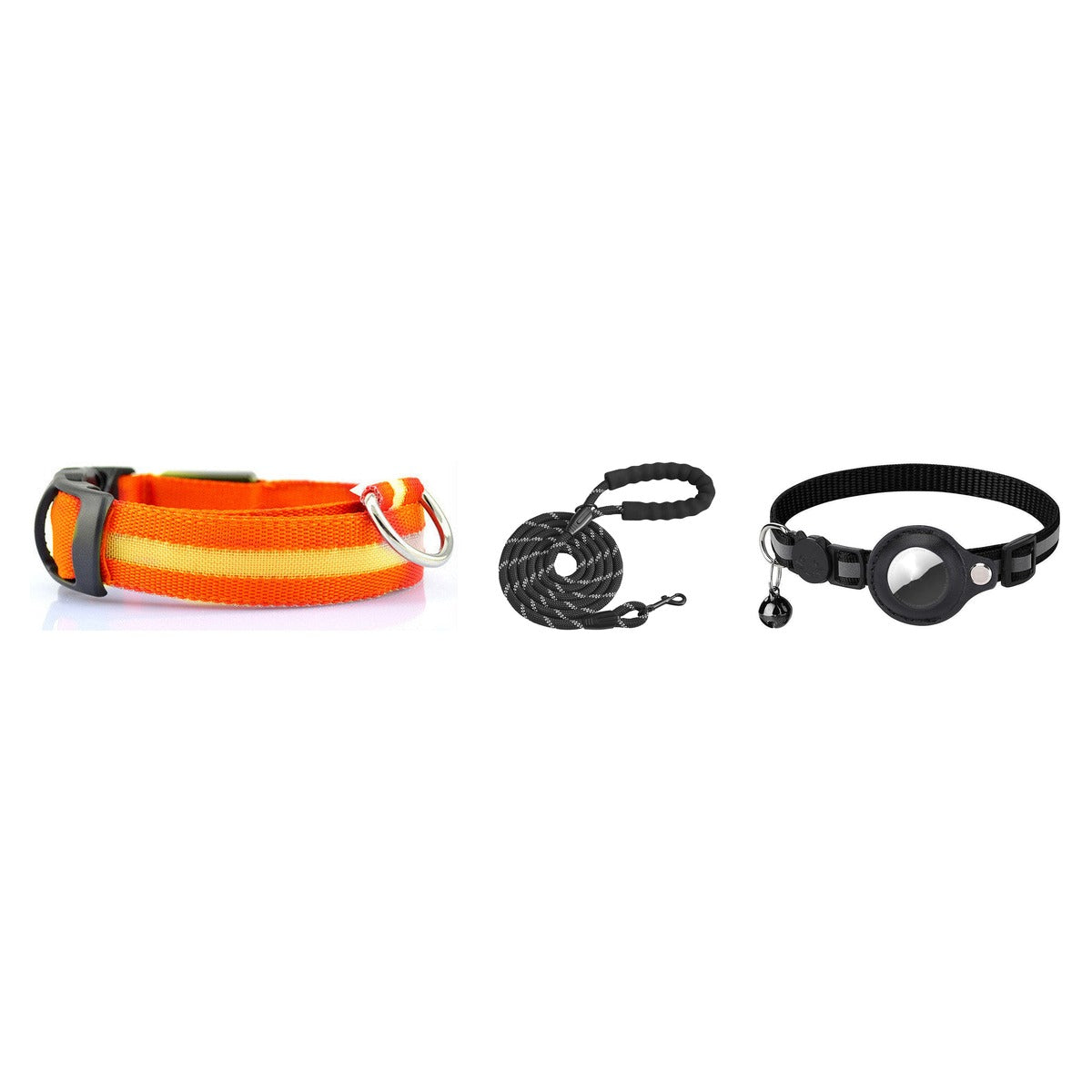 Night Safety Kit bundle: LED collar + reflective leash + AirTag holder on white background