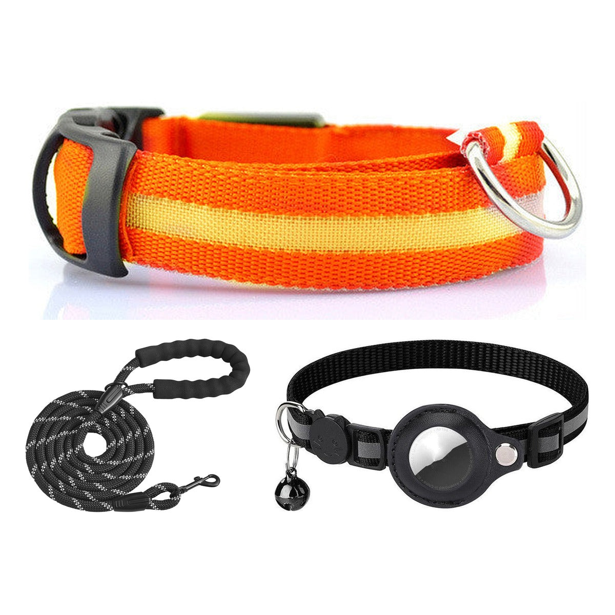 Night Safety Kit bundle: LED collar + reflective leash + AirTag holder