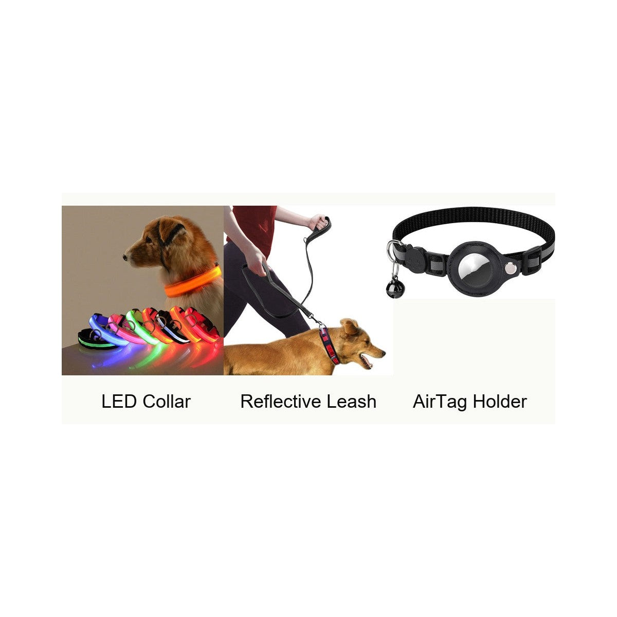 Night Safety Kit: LED Collar + Reflective Leash + AirTag Holder