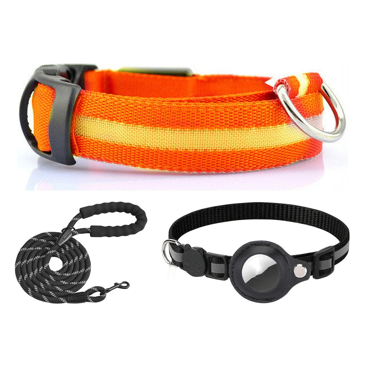 Night Safety Kit bundle: LED collar, reflective leash and AirTag holder on white background