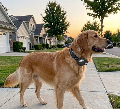 Golden retriever wearing a black reflective dog collar with the AirTag holder attached, evening walk