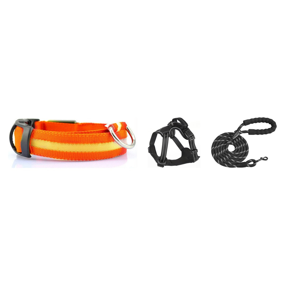 Walk Kit bundle: LED collar + harness + rope leash on white background