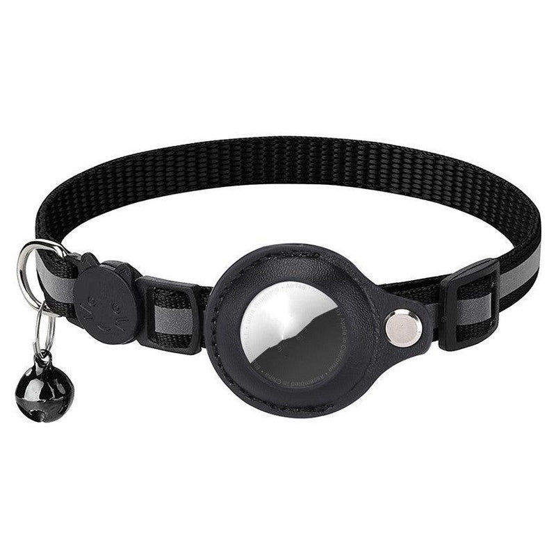 AirTag collar holder on a black reflective dog collar
