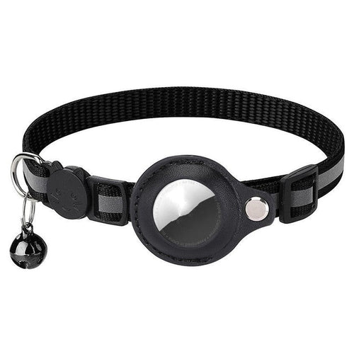 AirTag collar holder on a black reflective dog collar