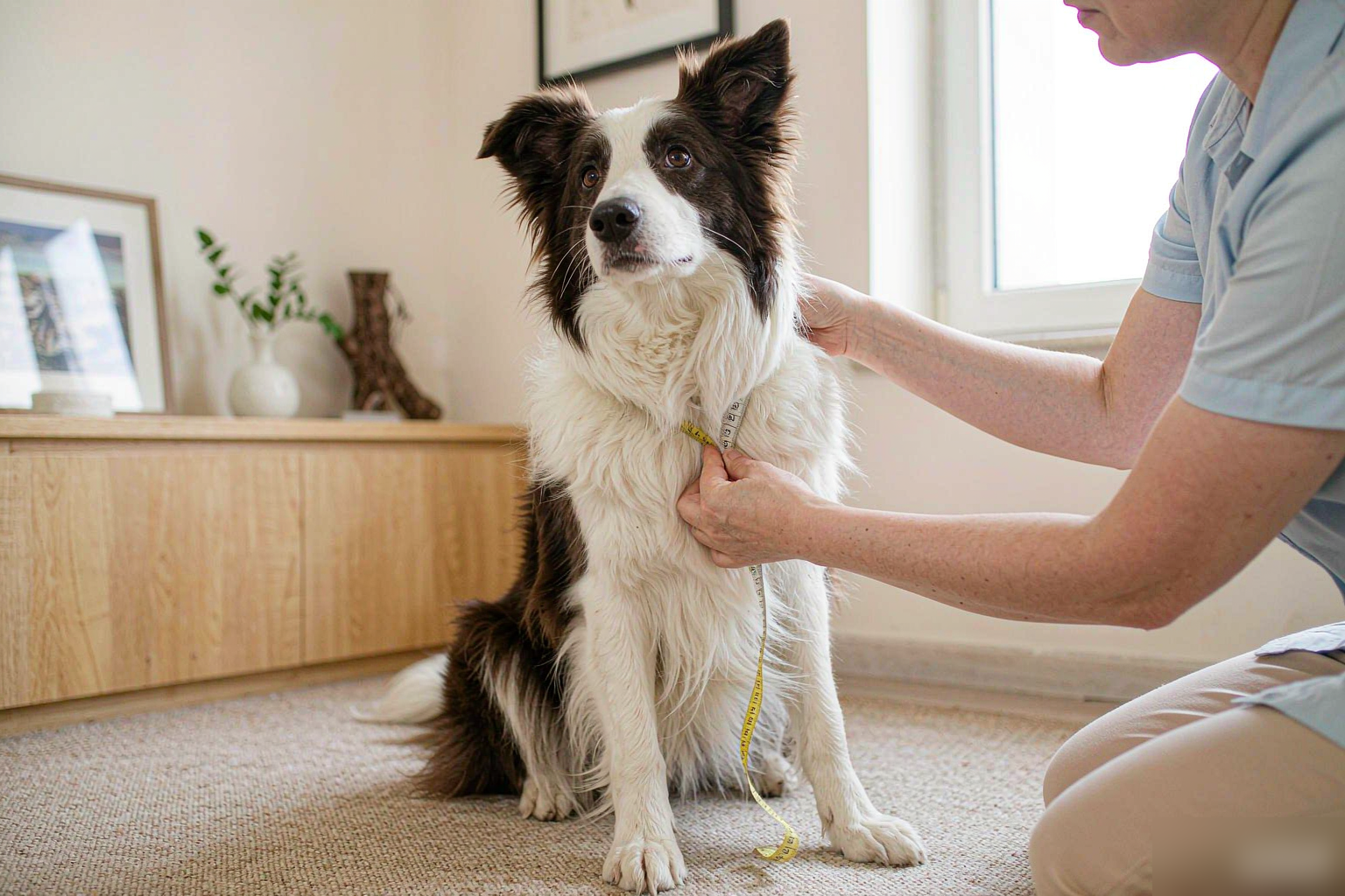 Person measuring a border collie's neck with a soft measuring tape